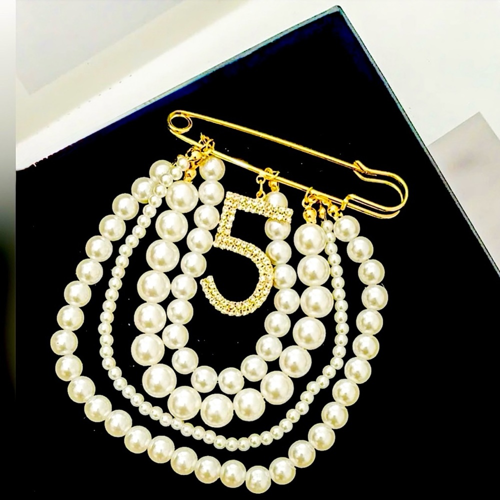 Chanel 5 Inspired Vintage Brooch with Faux Pearl Tassel (1 Left) Novelty
